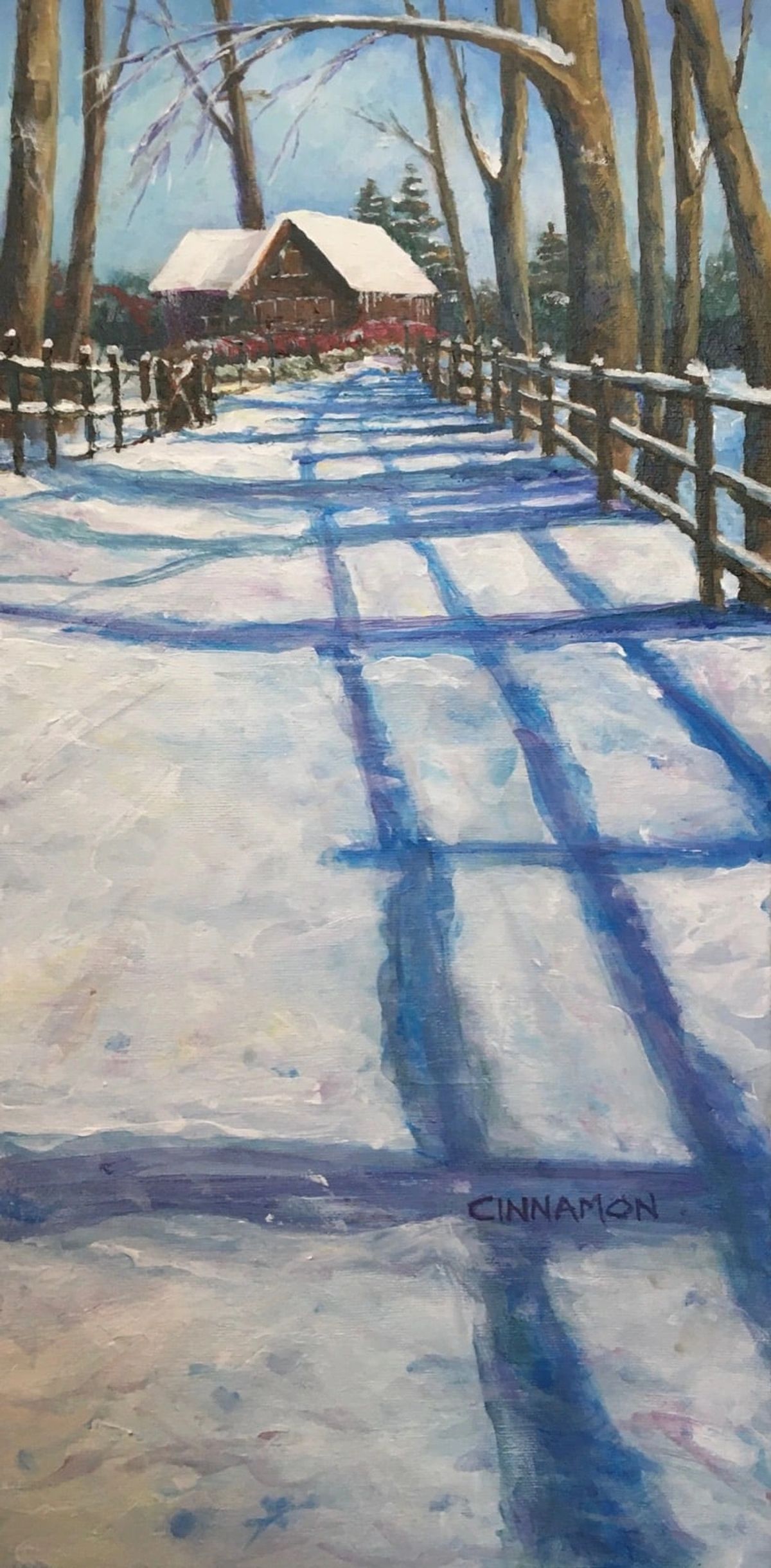 Painting by Shelley Cinnamon — snow-covered fenced path with blue shadows