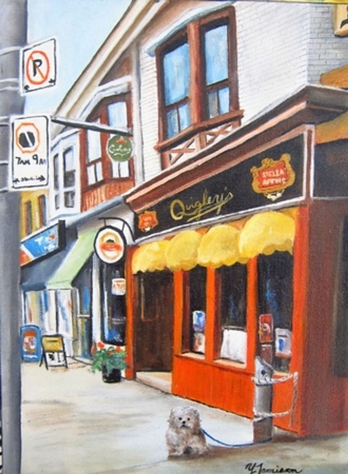 Painting by Yvonne Jamieson — Quigley&rsquo;s storefront with a small dog outside